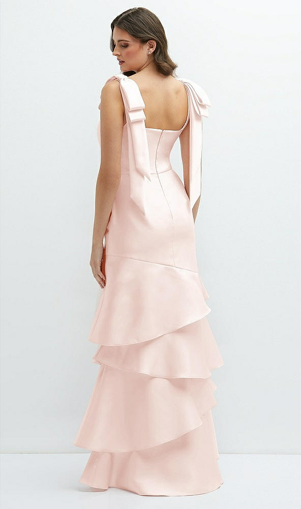 Back View - Blush Bow-Shoulder Satin Maxi Dress with Asymmetrical Tiered Skirt