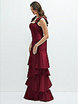 Front View Thumbnail - Burgundy Bow-Shoulder Satin Maxi Dress with Asymmetrical Tiered Skirt
