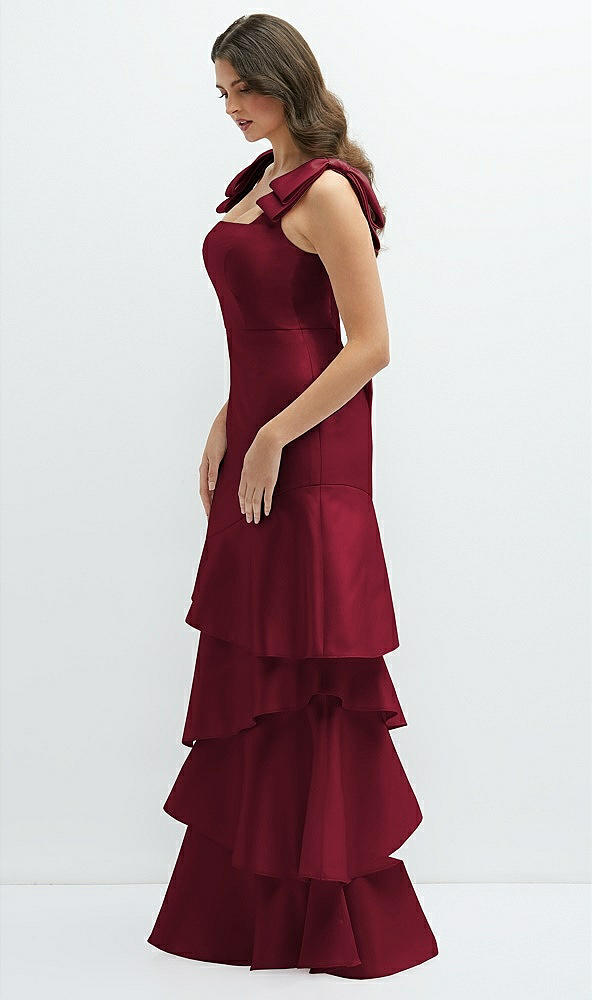 Front View - Burgundy Bow-Shoulder Satin Maxi Dress with Asymmetrical Tiered Skirt
