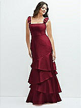 Side View Thumbnail - Burgundy Bow-Shoulder Satin Maxi Dress with Asymmetrical Tiered Skirt