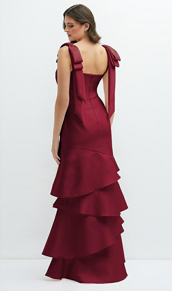 Back View - Burgundy Bow-Shoulder Satin Maxi Dress with Asymmetrical Tiered Skirt