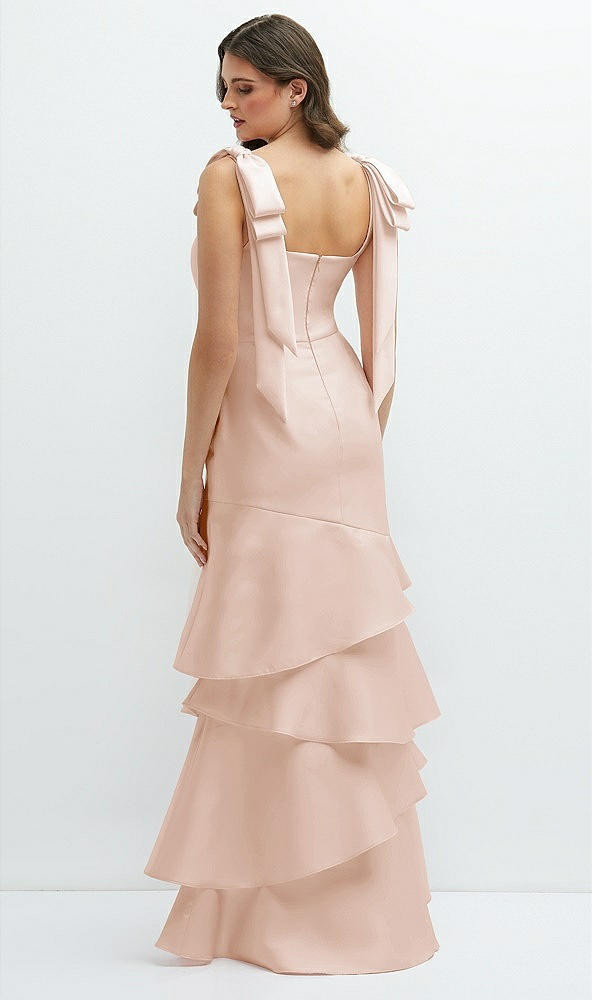 Back View - Cameo Bow-Shoulder Satin Maxi Dress with Asymmetrical Tiered Skirt