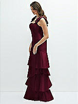 Front View Thumbnail - Cabernet Bow-Shoulder Satin Maxi Dress with Asymmetrical Tiered Skirt
