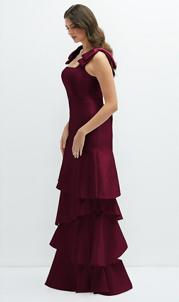 Front View - Cabernet Bow-Shoulder Satin Maxi Dress with Asymmetrical Tiered Skirt