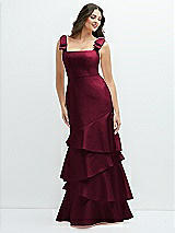 Side View Thumbnail - Cabernet Bow-Shoulder Satin Maxi Dress with Asymmetrical Tiered Skirt