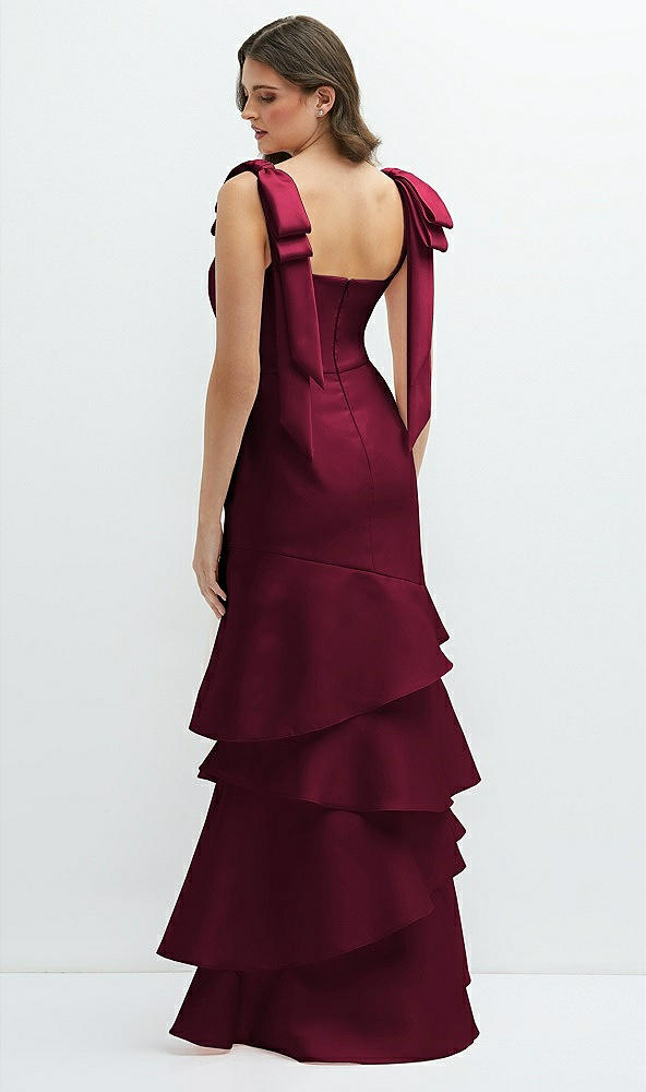 Back View - Cabernet Bow-Shoulder Satin Maxi Dress with Asymmetrical Tiered Skirt