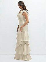Front View Thumbnail - Champagne Bow-Shoulder Satin Maxi Dress with Asymmetrical Tiered Skirt