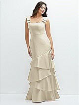 Side View Thumbnail - Champagne Bow-Shoulder Satin Maxi Dress with Asymmetrical Tiered Skirt