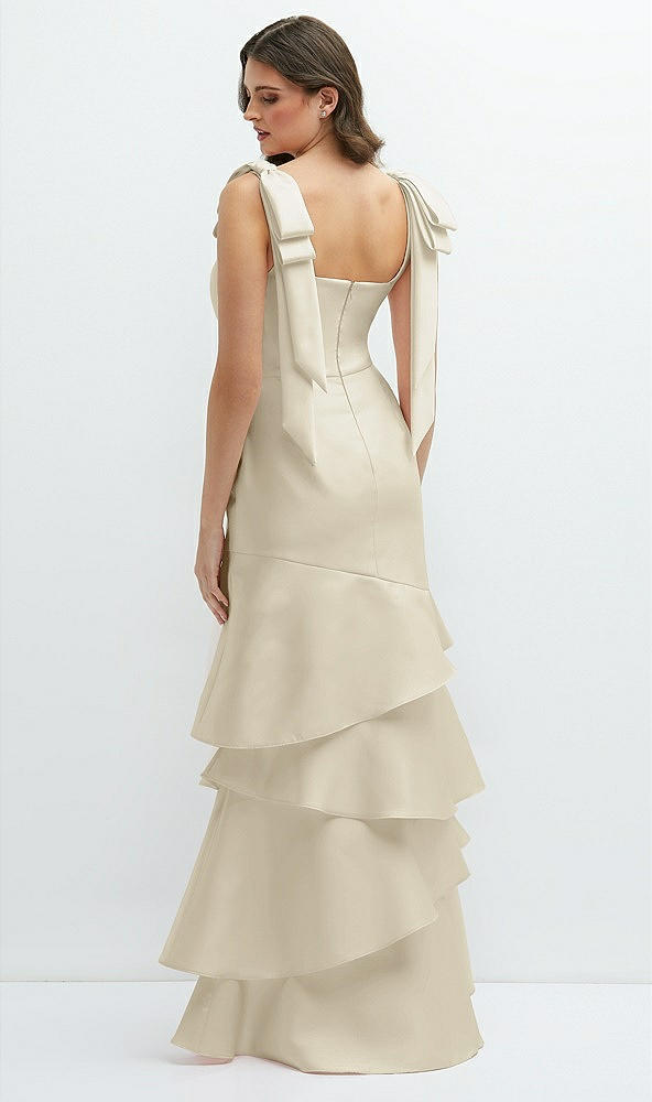 Back View - Champagne Bow-Shoulder Satin Maxi Dress with Asymmetrical Tiered Skirt