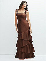 Side View Thumbnail - Cognac Bow-Shoulder Satin Maxi Dress with Asymmetrical Tiered Skirt