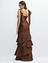 Rear View Thumbnail - Cognac Bow-Shoulder Satin Maxi Dress with Asymmetrical Tiered Skirt