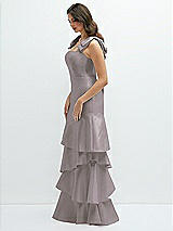 Front View Thumbnail - Cashmere Gray Bow-Shoulder Satin Maxi Dress with Asymmetrical Tiered Skirt