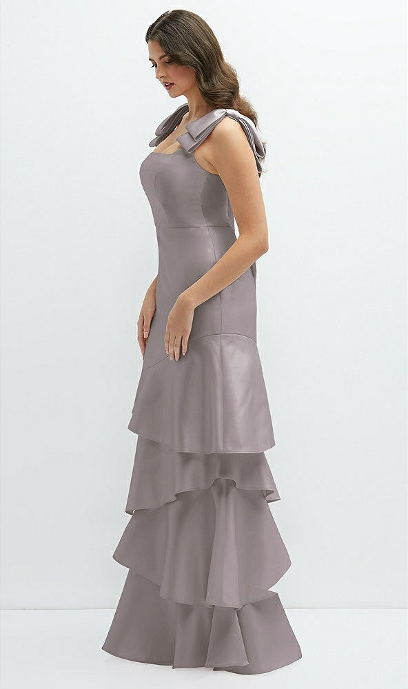 Front View - Cashmere Gray Bow-Shoulder Satin Maxi Dress with Asymmetrical Tiered Skirt