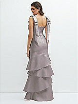 Rear View Thumbnail - Cashmere Gray Bow-Shoulder Satin Maxi Dress with Asymmetrical Tiered Skirt