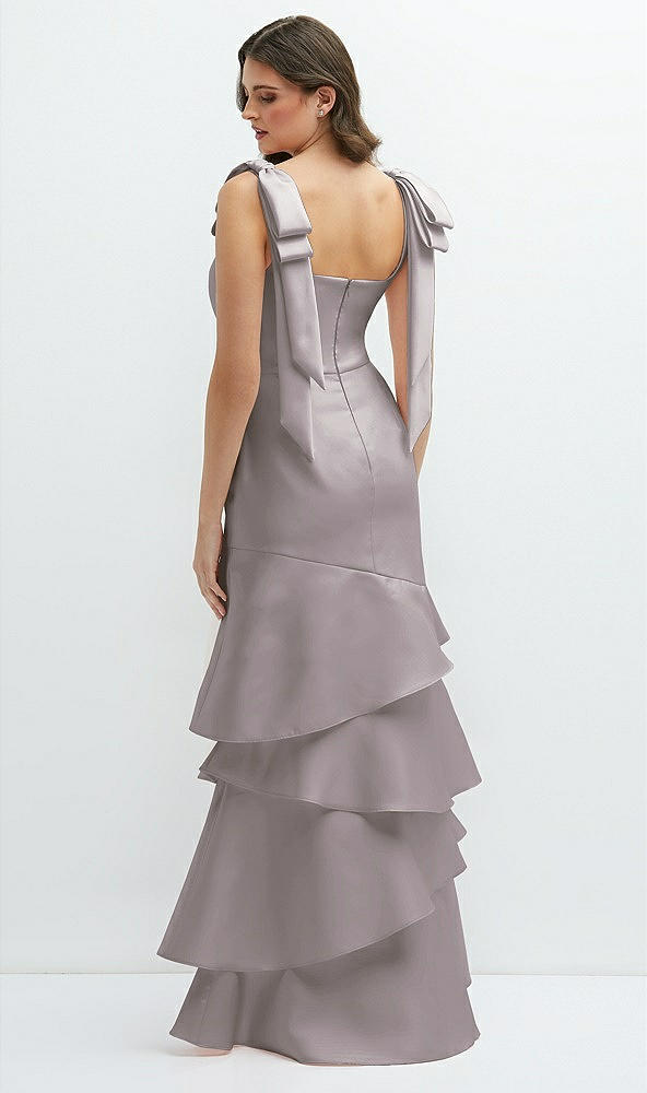 Back View - Cashmere Gray Bow-Shoulder Satin Maxi Dress with Asymmetrical Tiered Skirt