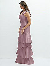 Front View Thumbnail - Dusty Rose Bow-Shoulder Satin Maxi Dress with Asymmetrical Tiered Skirt