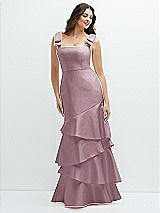 Side View Thumbnail - Dusty Rose Bow-Shoulder Satin Maxi Dress with Asymmetrical Tiered Skirt