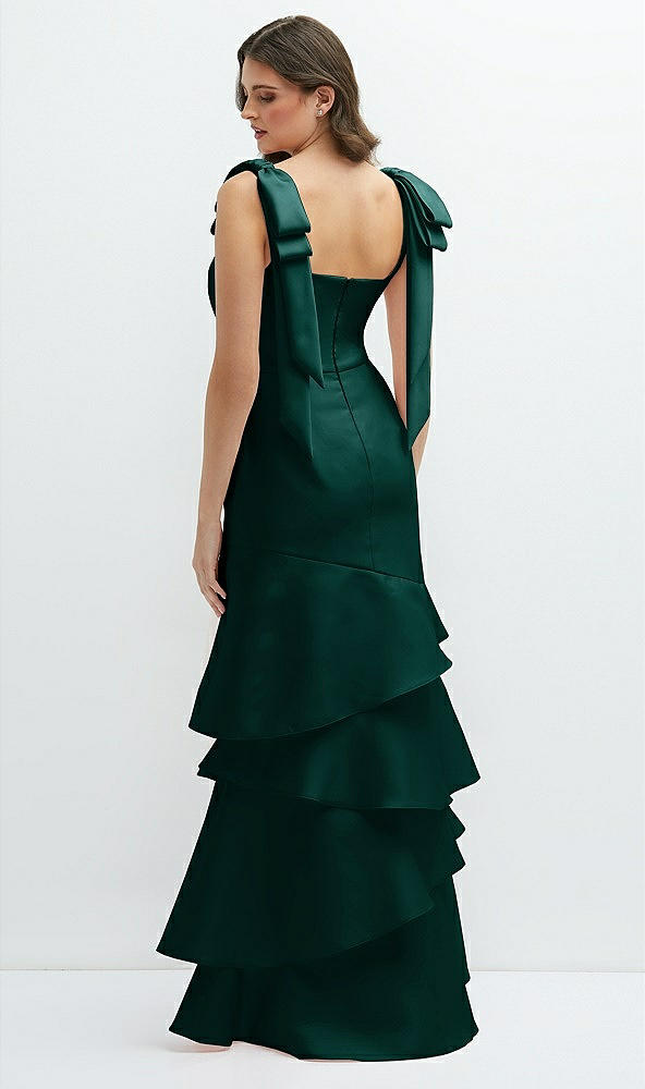 Back View - Evergreen Bow-Shoulder Satin Maxi Dress with Asymmetrical Tiered Skirt