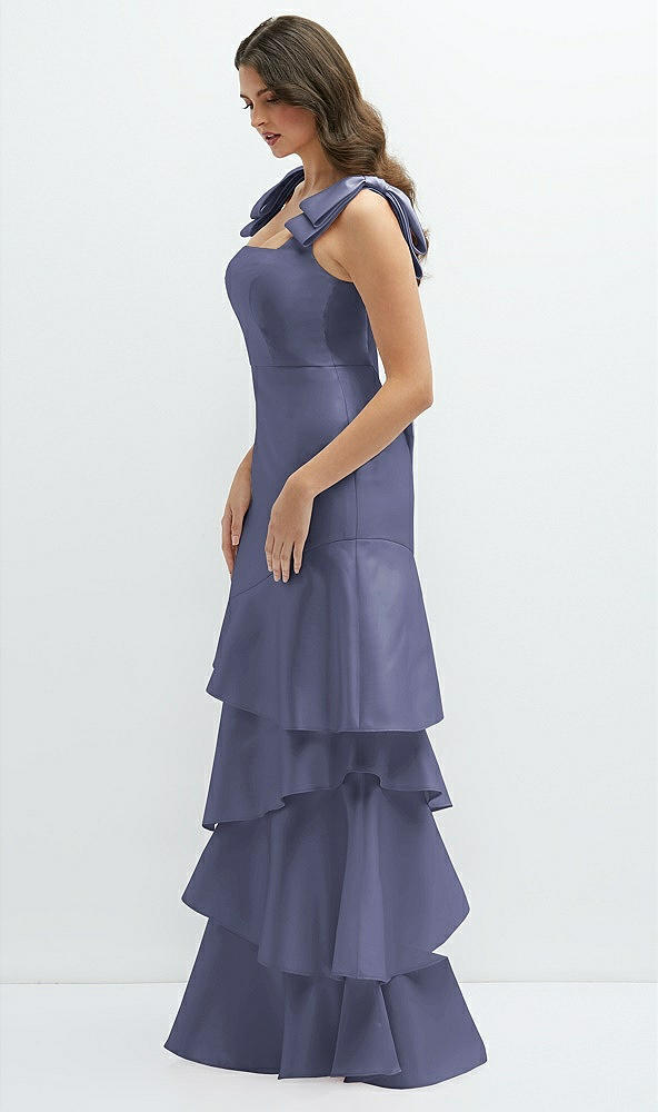 Front View - French Blue Bow-Shoulder Satin Maxi Dress with Asymmetrical Tiered Skirt