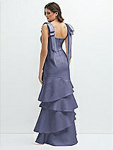 Rear View Thumbnail - French Blue Bow-Shoulder Satin Maxi Dress with Asymmetrical Tiered Skirt