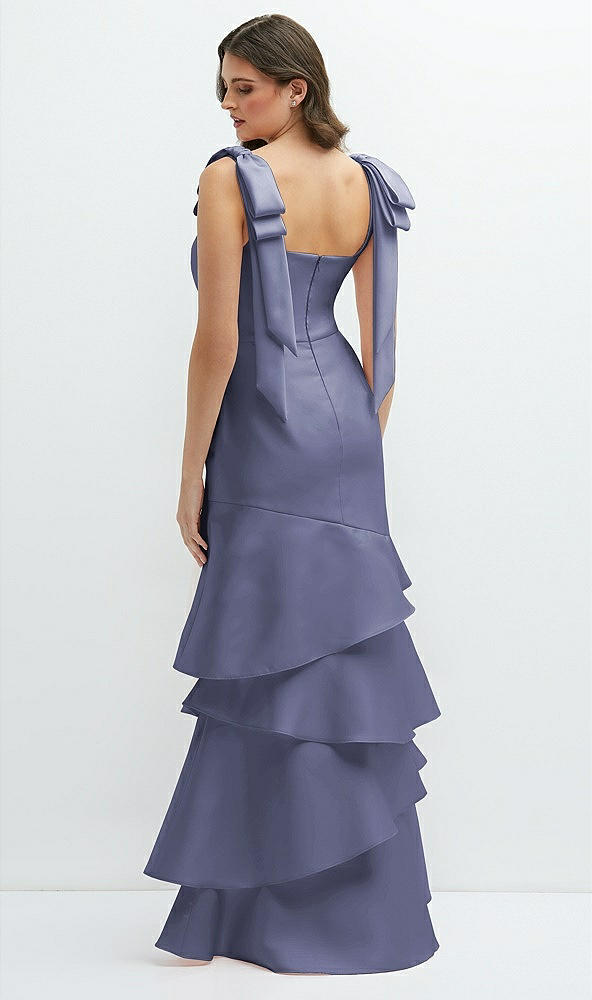 Back View - French Blue Bow-Shoulder Satin Maxi Dress with Asymmetrical Tiered Skirt