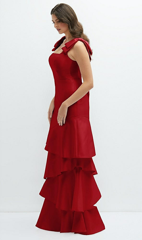 Front View - Garnet Bow-Shoulder Satin Maxi Dress with Asymmetrical Tiered Skirt