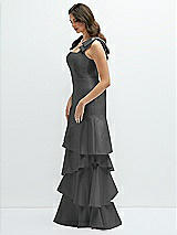 Front View Thumbnail - Gunmetal Bow-Shoulder Satin Maxi Dress with Asymmetrical Tiered Skirt