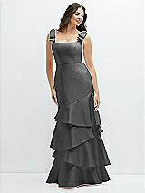 Side View Thumbnail - Gunmetal Bow-Shoulder Satin Maxi Dress with Asymmetrical Tiered Skirt