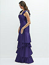 Front View Thumbnail - Grape Bow-Shoulder Satin Maxi Dress with Asymmetrical Tiered Skirt