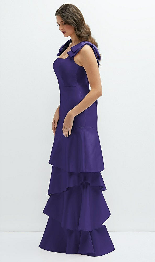 Front View - Grape Bow-Shoulder Satin Maxi Dress with Asymmetrical Tiered Skirt