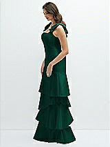 Front View Thumbnail - Hunter Green Bow-Shoulder Satin Maxi Dress with Asymmetrical Tiered Skirt