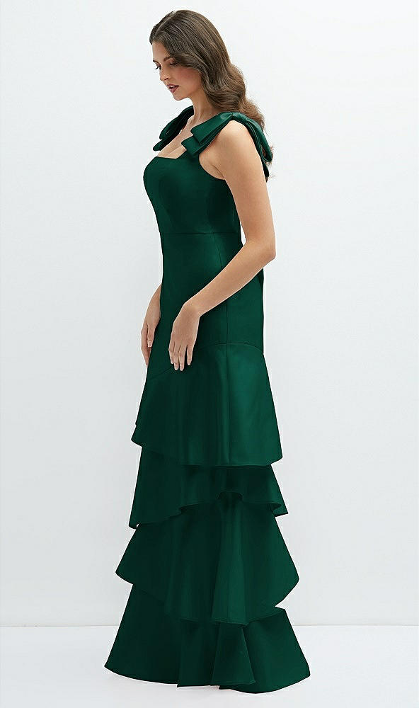 Front View - Hunter Green Bow-Shoulder Satin Maxi Dress with Asymmetrical Tiered Skirt