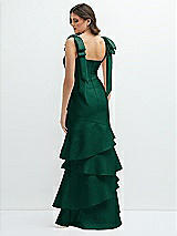 Rear View Thumbnail - Hunter Green Bow-Shoulder Satin Maxi Dress with Asymmetrical Tiered Skirt