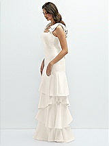 Front View Thumbnail - Ivory Bow-Shoulder Satin Maxi Dress with Asymmetrical Tiered Skirt