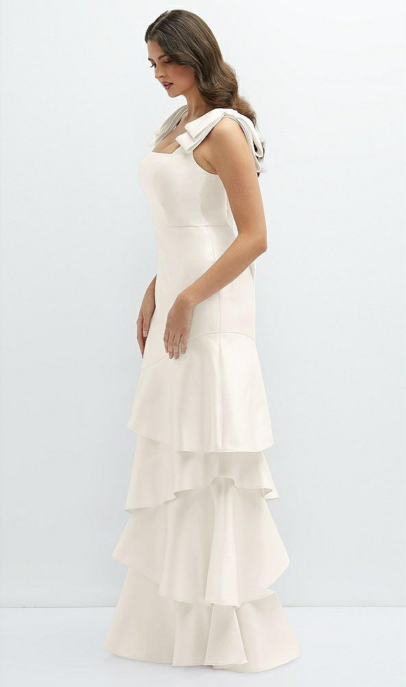 Front View - Ivory Bow-Shoulder Satin Maxi Dress with Asymmetrical Tiered Skirt