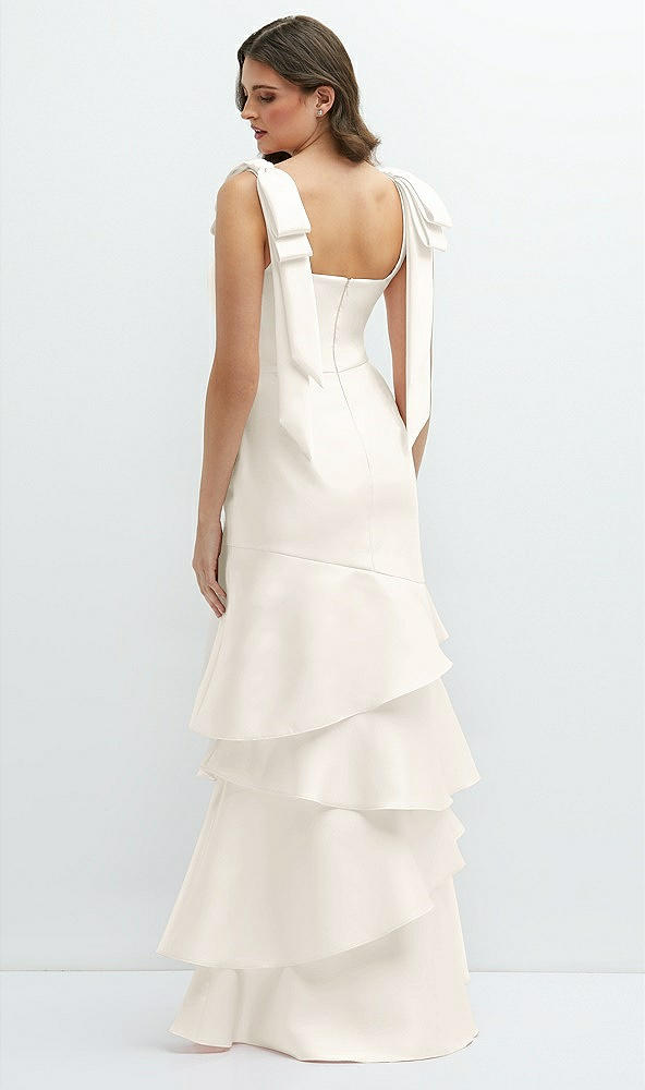 Back View - Ivory Bow-Shoulder Satin Maxi Dress with Asymmetrical Tiered Skirt