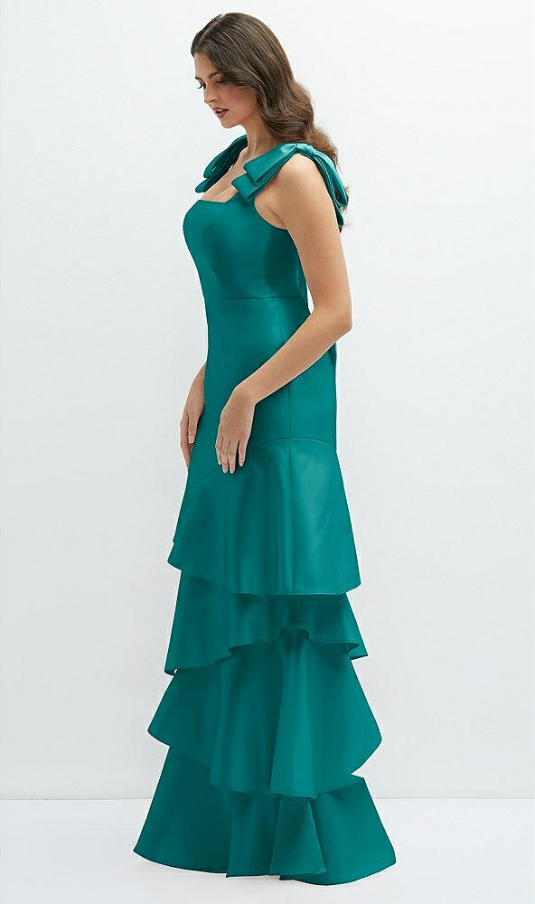 Front View - Jade Bow-Shoulder Satin Maxi Dress with Asymmetrical Tiered Skirt