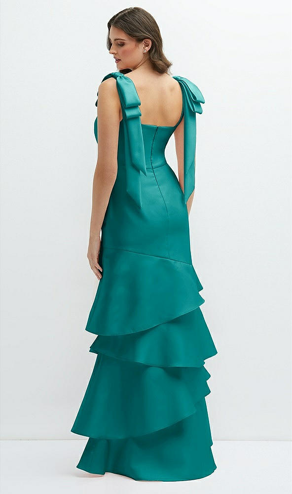 Back View - Jade Bow-Shoulder Satin Maxi Dress with Asymmetrical Tiered Skirt