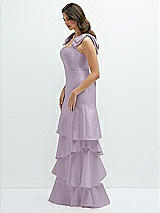 Front View Thumbnail - Lilac Haze Bow-Shoulder Satin Maxi Dress with Asymmetrical Tiered Skirt