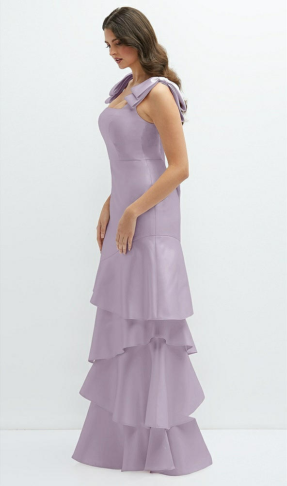 Front View - Lilac Haze Bow-Shoulder Satin Maxi Dress with Asymmetrical Tiered Skirt