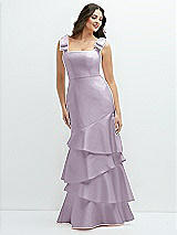 Side View Thumbnail - Lilac Haze Bow-Shoulder Satin Maxi Dress with Asymmetrical Tiered Skirt
