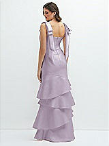 Rear View Thumbnail - Lilac Haze Bow-Shoulder Satin Maxi Dress with Asymmetrical Tiered Skirt