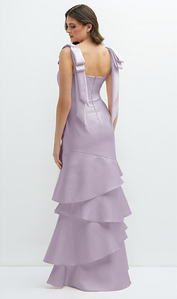 Back View - Lilac Haze Bow-Shoulder Satin Maxi Dress with Asymmetrical Tiered Skirt