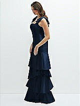 Front View Thumbnail - Midnight Navy Bow-Shoulder Satin Maxi Dress with Asymmetrical Tiered Skirt