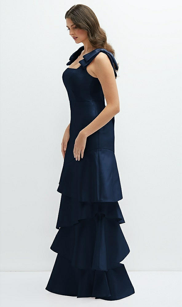 Front View - Midnight Navy Bow-Shoulder Satin Maxi Dress with Asymmetrical Tiered Skirt
