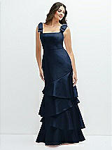 Side View Thumbnail - Midnight Navy Bow-Shoulder Satin Maxi Dress with Asymmetrical Tiered Skirt