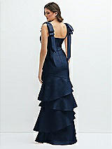 Rear View Thumbnail - Midnight Navy Bow-Shoulder Satin Maxi Dress with Asymmetrical Tiered Skirt