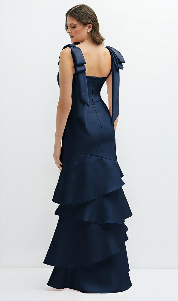 Back View - Midnight Navy Bow-Shoulder Satin Maxi Dress with Asymmetrical Tiered Skirt