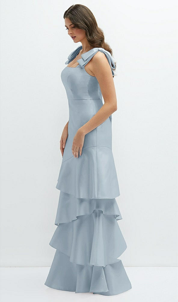 Front View - Mist Bow-Shoulder Satin Maxi Dress with Asymmetrical Tiered Skirt