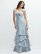 Side View Thumbnail - Mist Bow-Shoulder Satin Maxi Dress with Asymmetrical Tiered Skirt